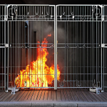 ** A digital firewall protecting network data, visualized as a strong, modern gate similar to a security gate at a modern Parisian apartment complex, symbolizing data protection. Include various cyber threats attempting to breach the security.

**