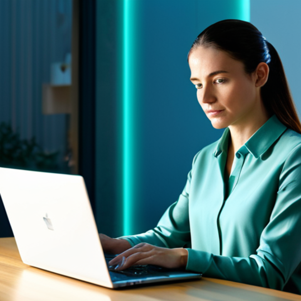 A professional woman in a modest business blouse and smart trousers, seated at a sleek, minimalist desk in a modern home office. She is looking at her laptop screen with a serene, focused expression, seamlessly engaged in a high-quality video conference. Subtle, ethereal blue and green light streams, representing optimized data flow, gracefully weave through the air around her and the laptop, symbolizing an intelligent, high-performance wireless network. The background shows a clean, well-organized room bathed in soft, natural light. safe for work, appropriate content, fully clothed, professional, perfect anatomy, correct proportions, natural pose, well-formed hands, proper finger count, natural body proportions, professional photography, cinematic lighting, high-resolution, sharp focus.