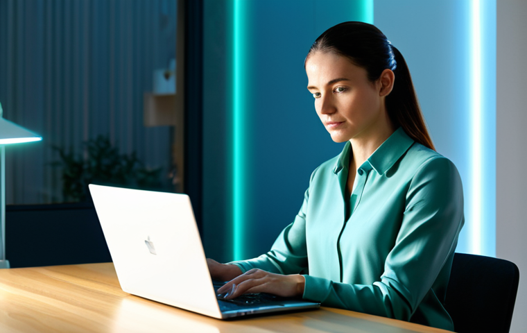 A professional woman in a modest business blouse and smart trousers, seated at a sleek, minimalist desk in a modern home office. She is looking at her laptop screen with a serene, focused expression, seamlessly engaged in a high-quality video conference. Subtle, ethereal blue and green light streams, representing optimized data flow, gracefully weave through the air around her and the laptop, symbolizing an intelligent, high-performance wireless network. The background shows a clean, well-organized room bathed in soft, natural light. safe for work, appropriate content, fully clothed, professional, perfect anatomy, correct proportions, natural pose, well-formed hands, proper finger count, natural body proportions, professional photography, cinematic lighting, high-resolution, sharp focus.
