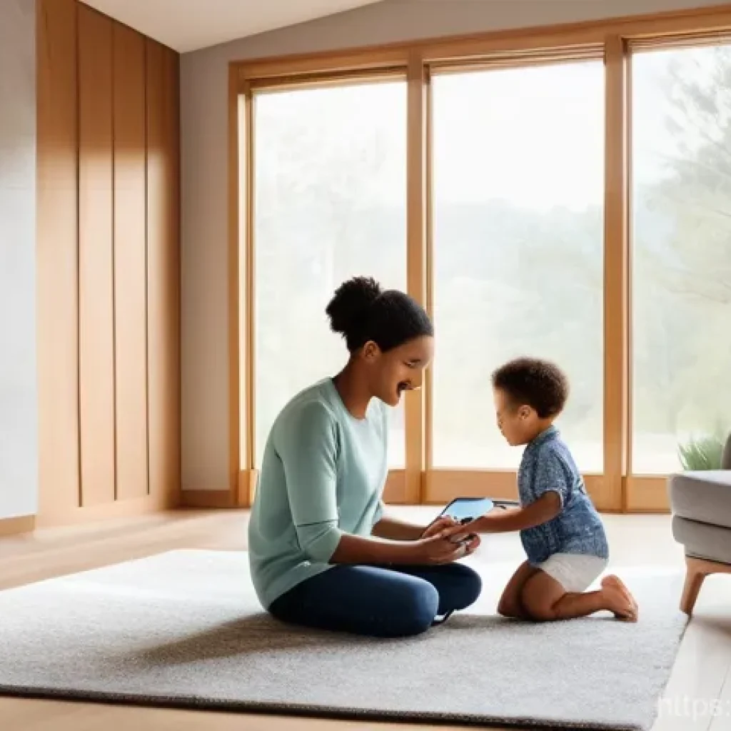 초저지연 네트워크 기술 - A contemporary smart home living room, bathed in soft, natural light streaming through large windows...