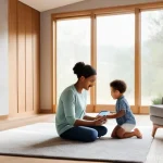 초저지연 네트워크 기술 - A contemporary smart home living room, bathed in soft, natural light streaming through large windows...