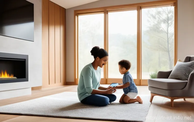초저지연 네트워크 기술 - A contemporary smart home living room, bathed in soft, natural light streaming through large windows...