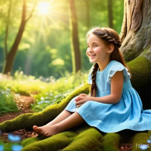 Home 15 RFID 기술 및 응용 - A cheerful 8-year-old girl with braided brown hair, wearing a light blue modest sundress, sits on a ...