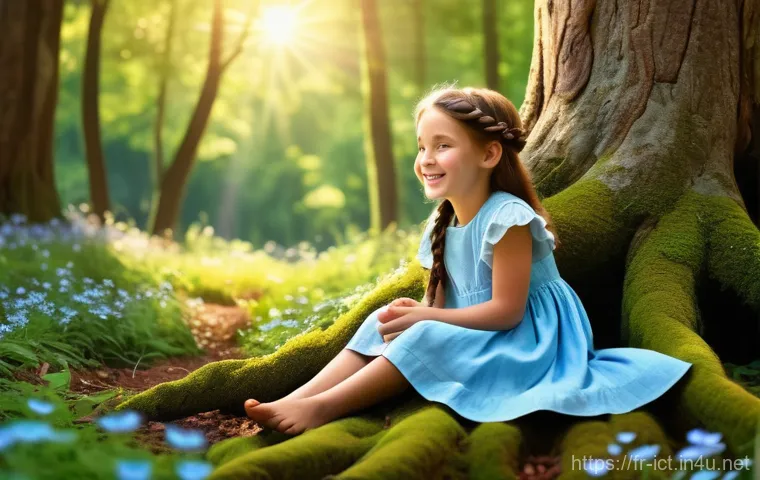 RFID 기술 및 응용 - A cheerful 8-year-old girl with braided brown hair, wearing a light blue modest sundress, sits on a ...