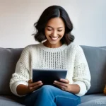 데이터 압축 알고리즘 - **Prompt:** A cozy living room scene bathed in warm, soft light. A smiling woman in her late thirtie...