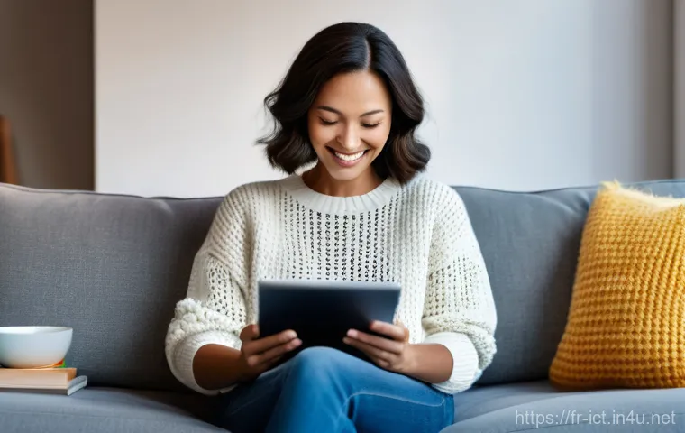 데이터 압축 알고리즘 - **Prompt:** A cozy living room scene bathed in warm, soft light. A smiling woman in her late thirtie...